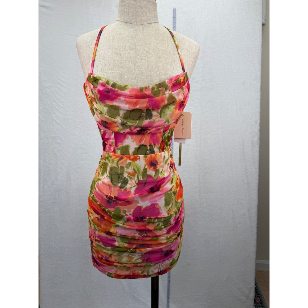 City Studio Floral Ruched Bodycon Dress Womens Small NWT Cowl Neck Open Back